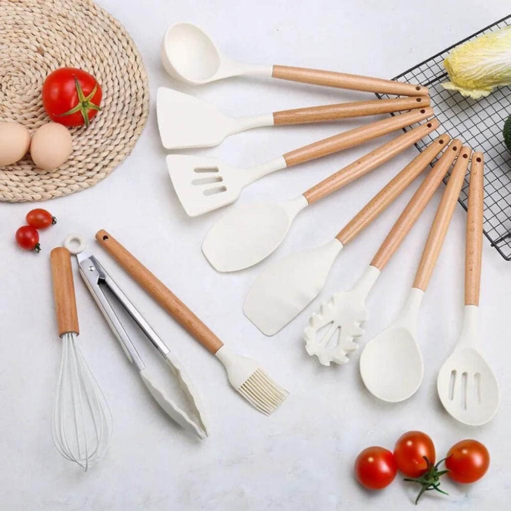 Set de ustensile de bucătărie cu 14 piese, cu cap din silicon rezistent la căldură, suport alb