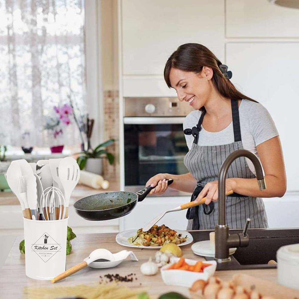 Set de ustensile de bucătărie cu 14 piese, cu cap din silicon rezistent la căldură, suport alb